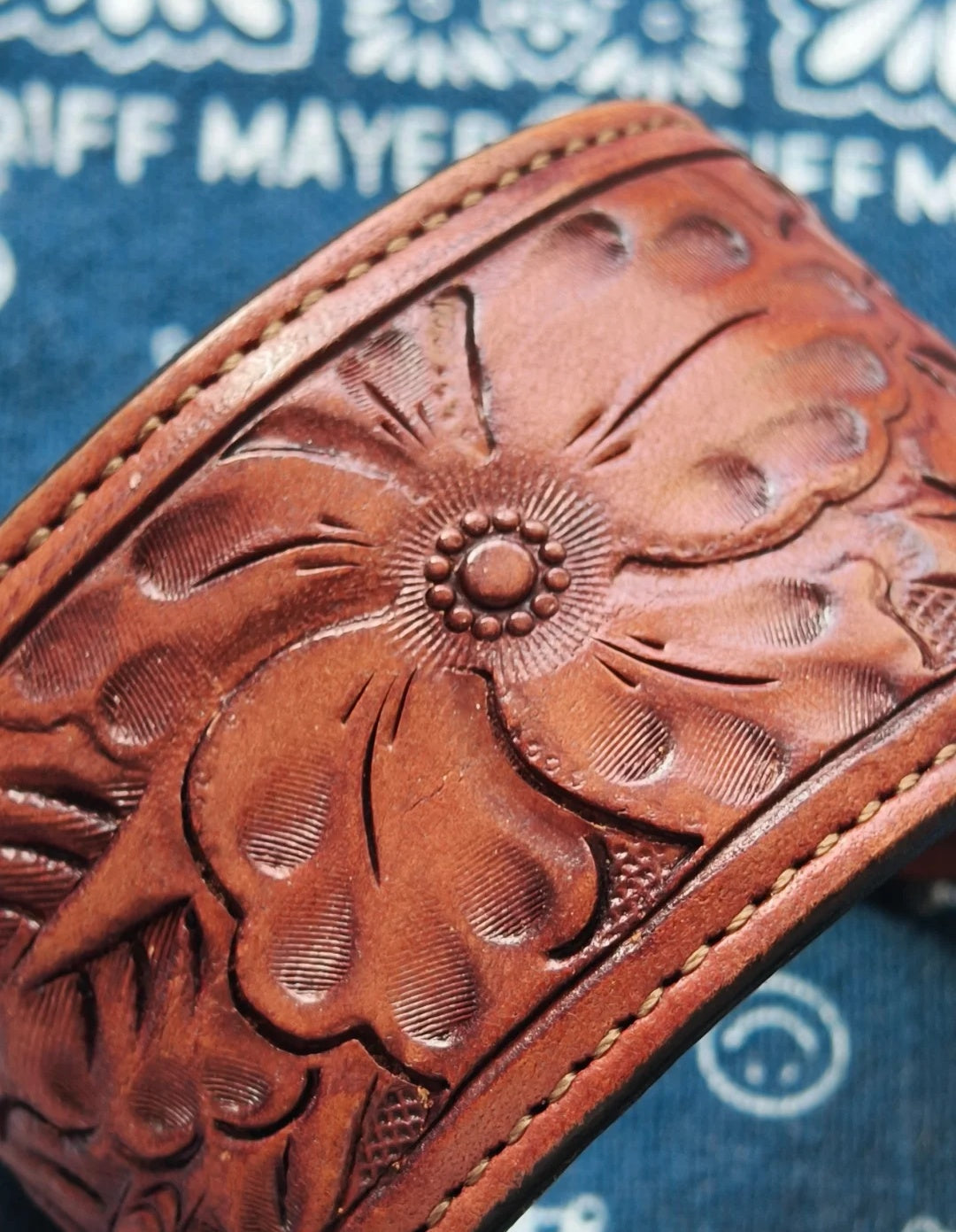 Old Mexican handmade leather carved denim wristband