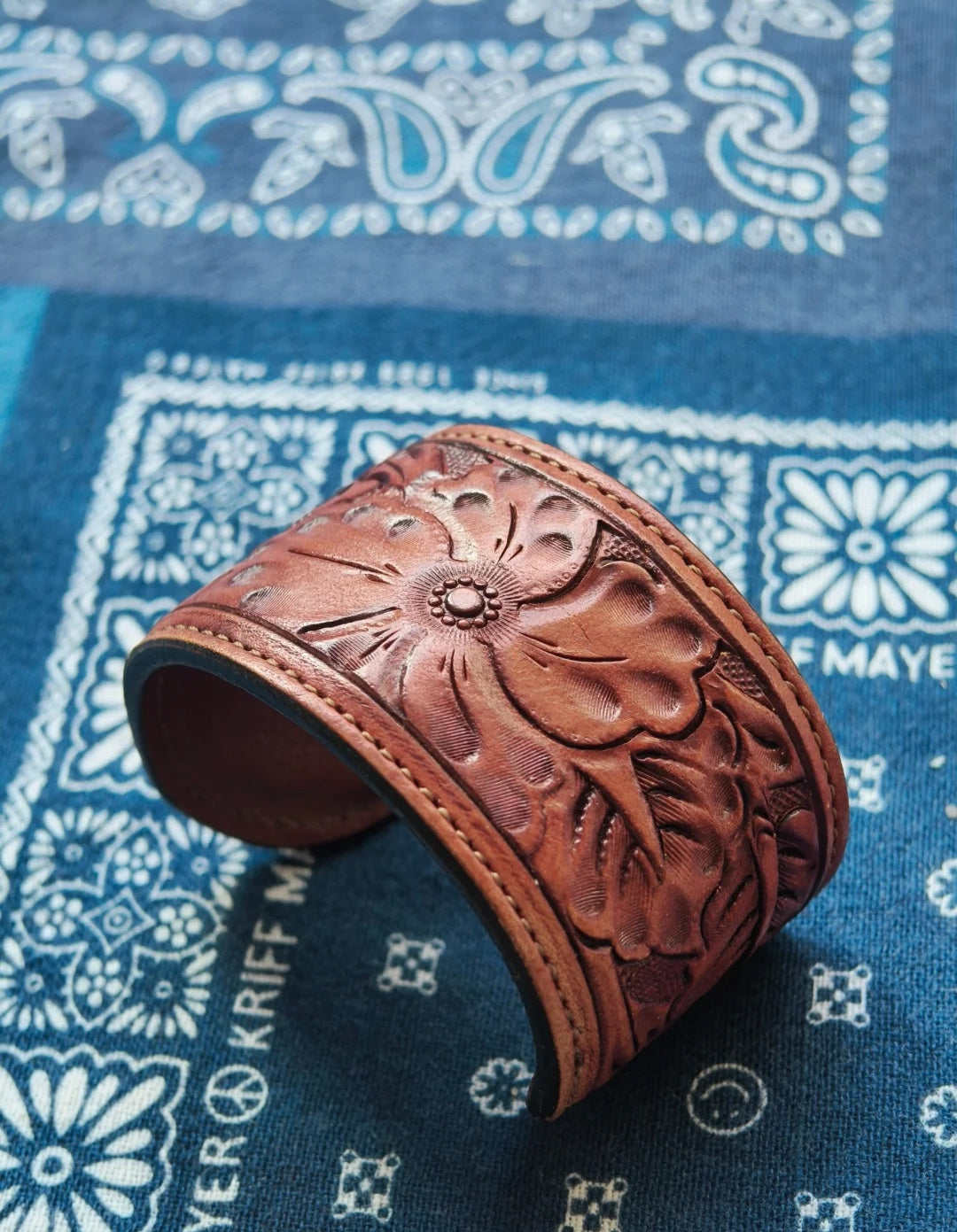 Old Mexican handmade leather carved denim wristband